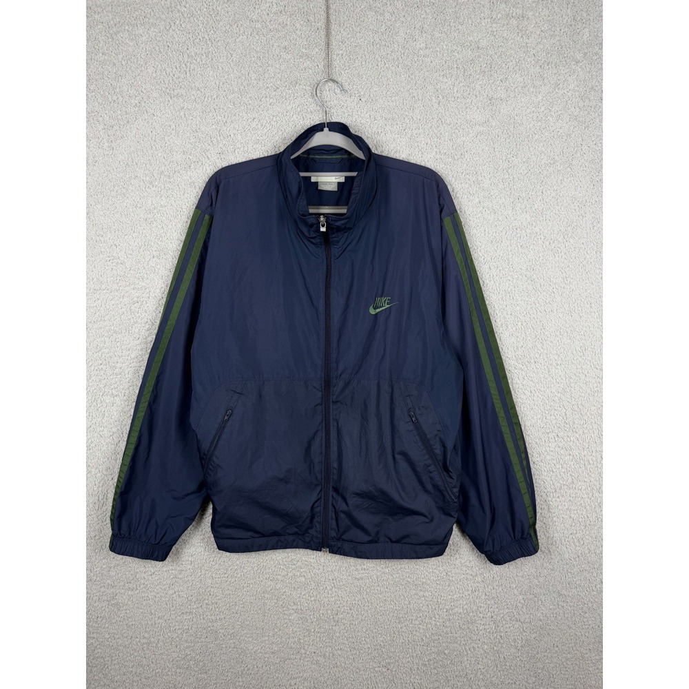 Nike Men's Size L Navy Green Stripe Track Jacket Windbreaker Y2K Full Zip